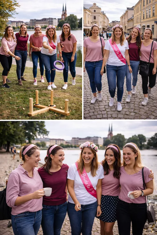 Möhippa i Växjö med aktiviteter och gemenskap – vänner deltar i lekar, promenader och samtal vid vattnet med Växjö domkyrka i bakgrunden.